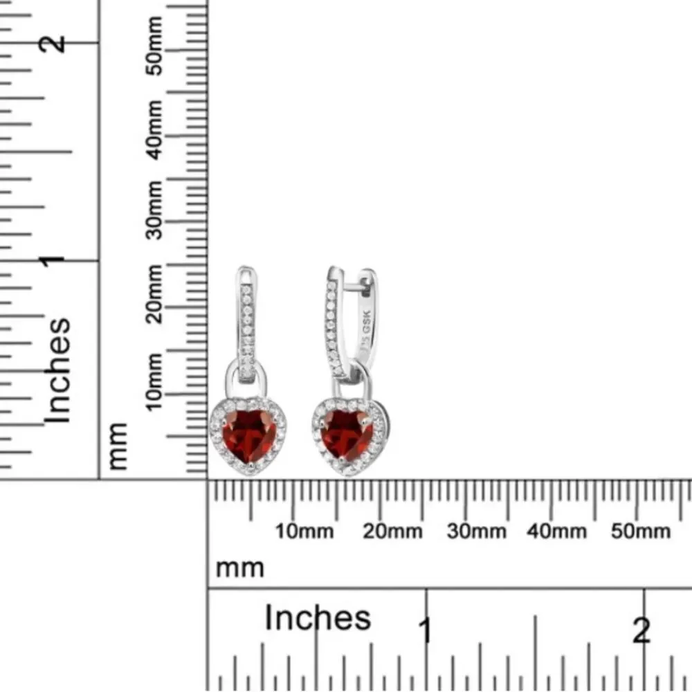 925 Sterling Silver with 2.30 Cttw Garnet and White Sapphire Heart Drop Earrings